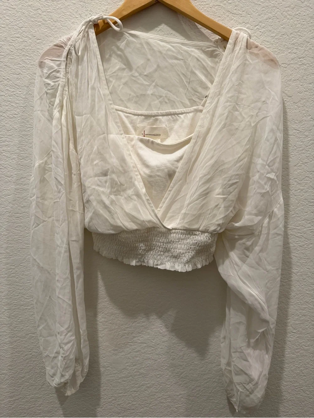 Anthropologie NWT White Sheer Puff Sleeve Smocked Crop Blouse Size M